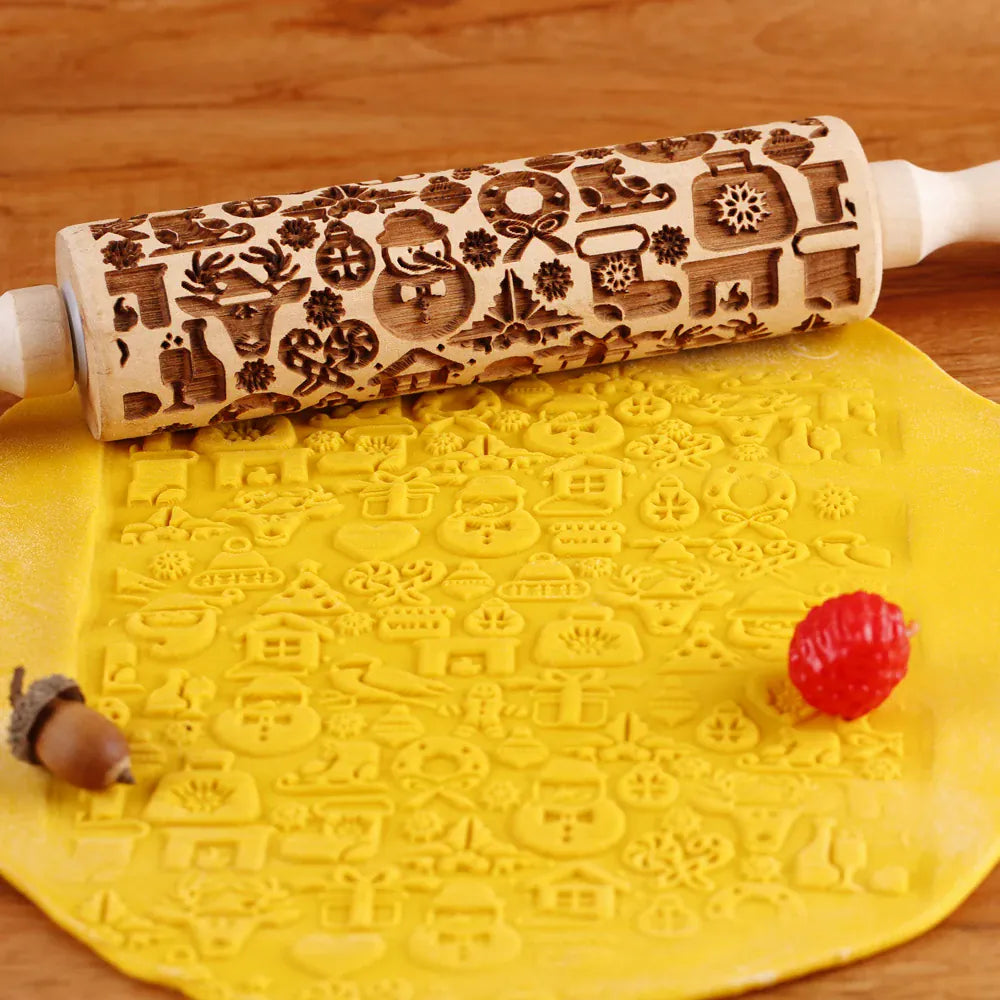 Rouleau à pâtisserie en bois avec motifs gravés de Noël - Outil de décoration pour biscuits rouleaupatisserie