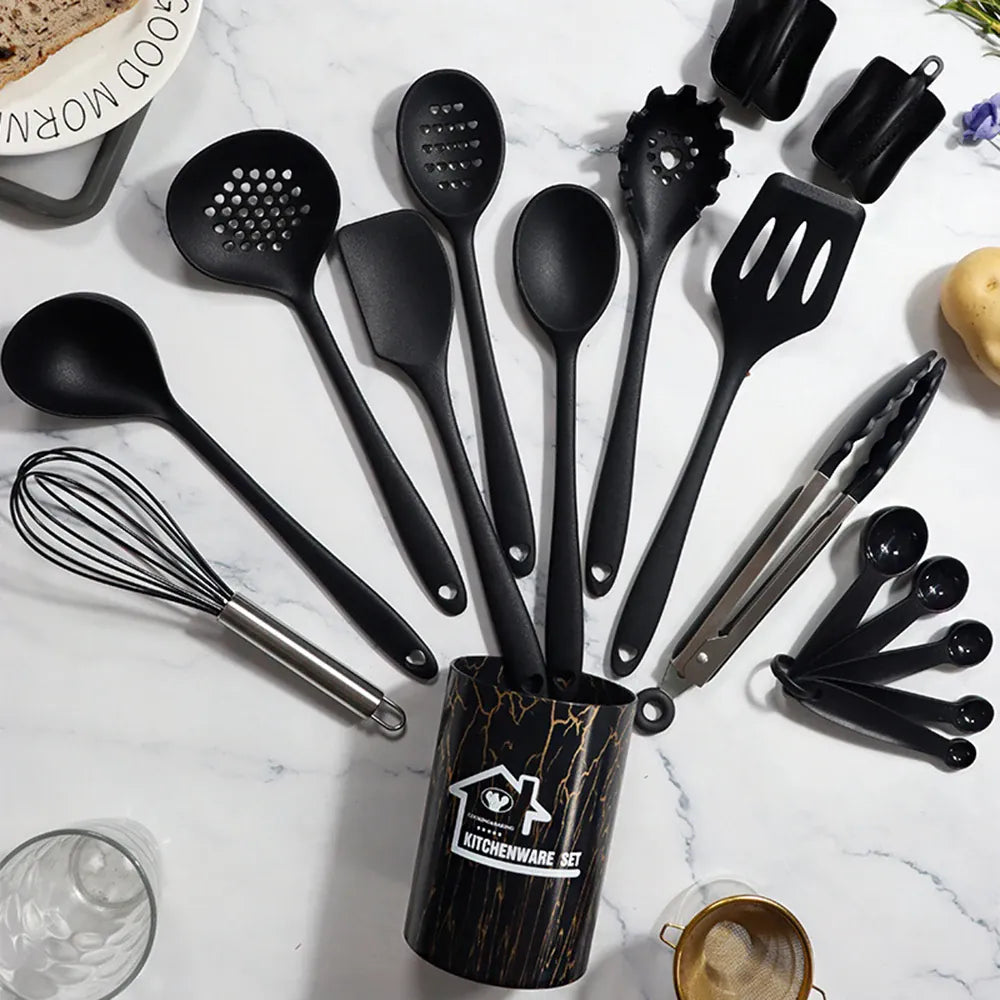 Set de 18 Ustensiles Pratiques en silicone (Rose/Blanc/Noir) spatule en silicone