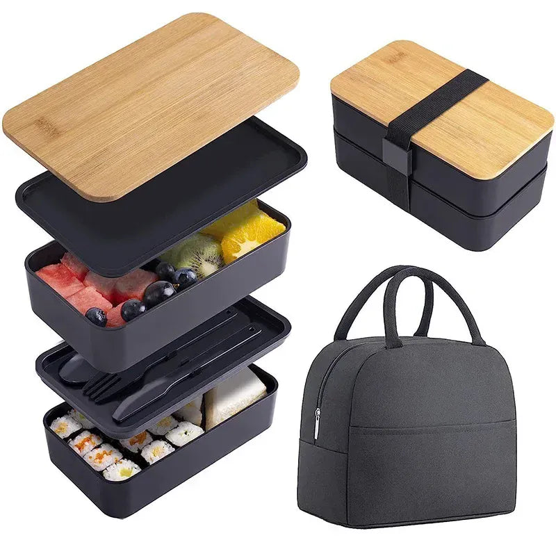 Bento 2 Étages en Bambou et Plastique | Boîte de Rangement Alimentaire Bento