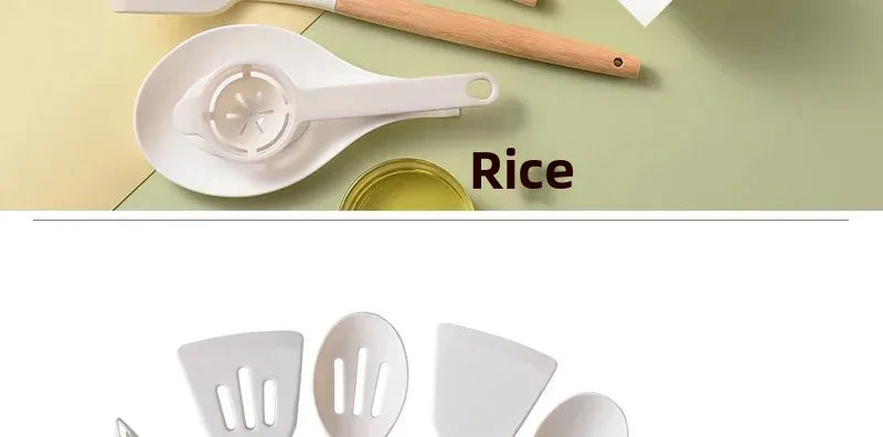 Set Ustensiles Silicone 12 Pieces avec Poignée en Bois - Cuisine spatule en silicone