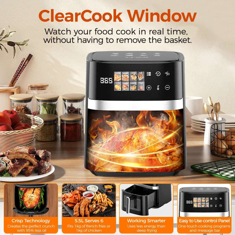 Friteuse Sans Huile 5,5L Écran Tactile 8 Programmes Hublot Visible airfryers