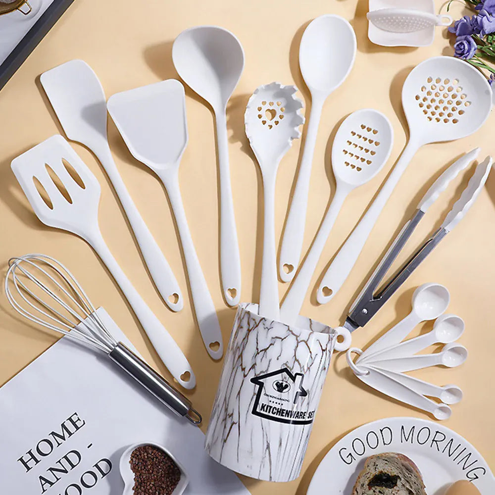 Set de 18 Ustensiles Pratiques en silicone (Rose/Blanc/Noir) spatule en silicone