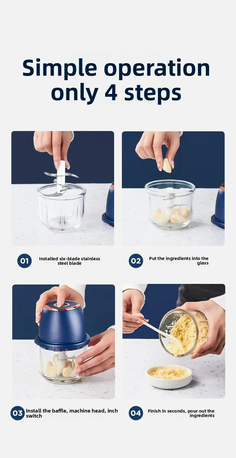 Mini Hachoir Électrique Sans Fil 350 ml — Bol en Verre, 6 Lames Inox, Batterie USB-C hachoir electrique