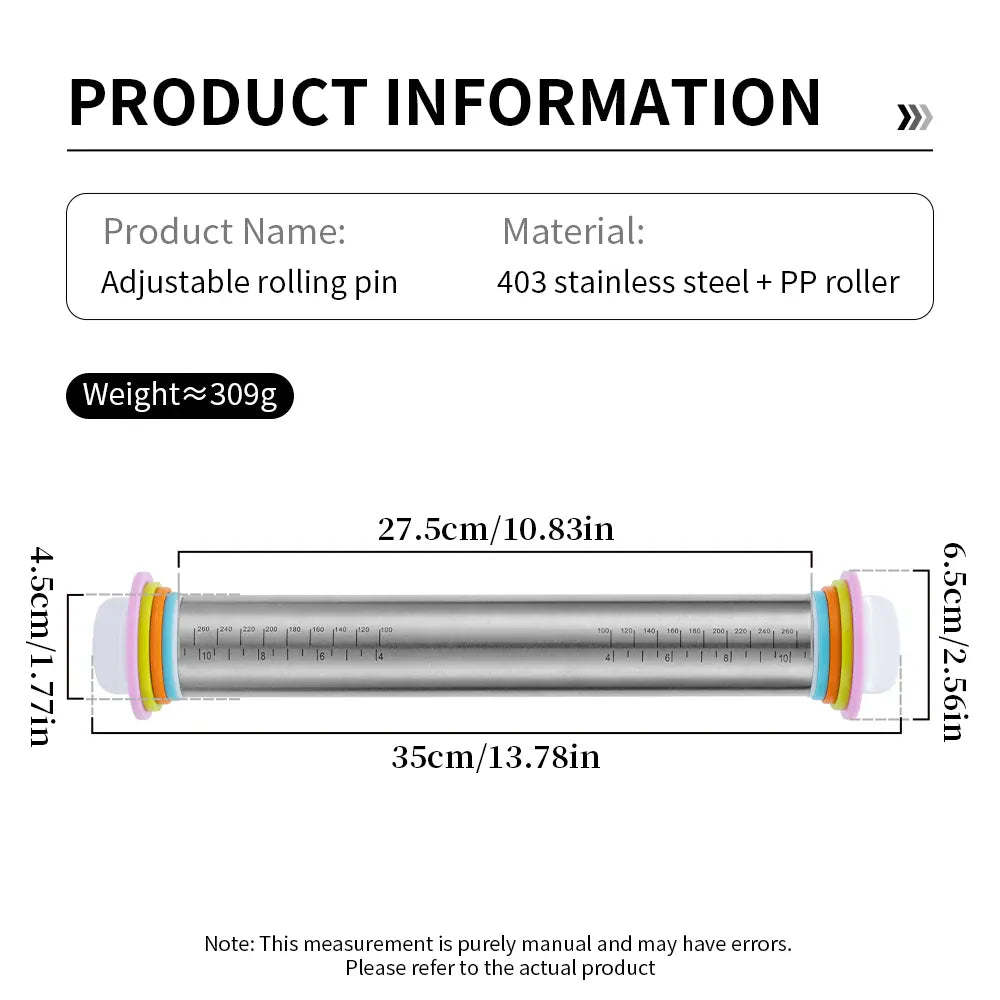 Rouleau à pâtisserie en acier inoxydable ajustable avec anneaux d'épaisseur amovibles rouleaupatisserie