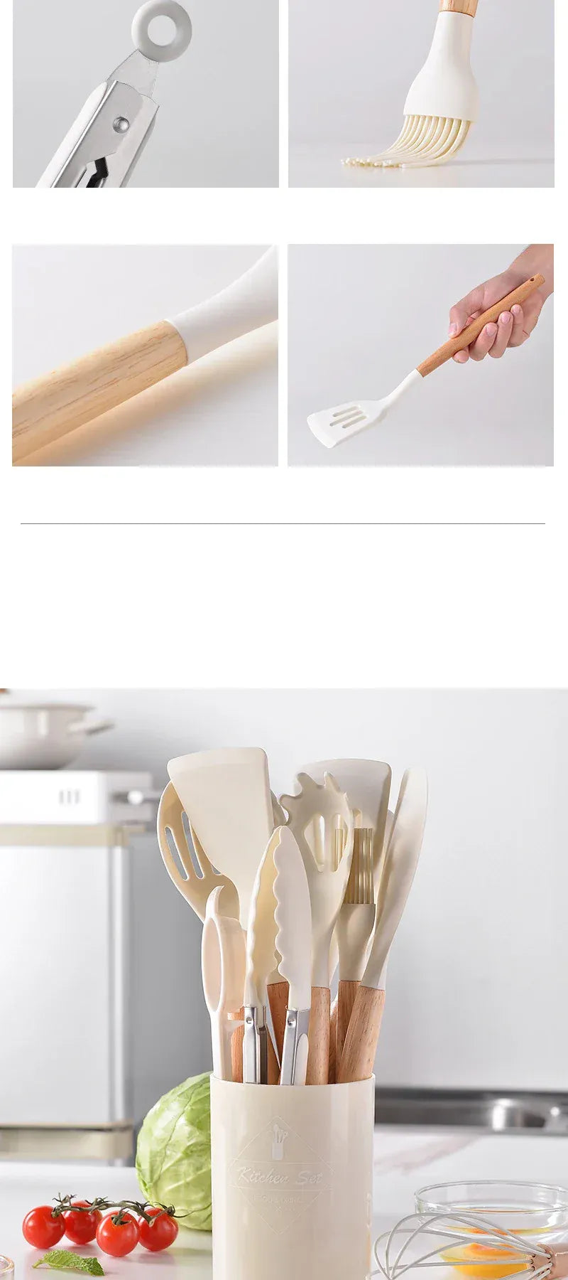 Set Ustensiles Silicone 12 Pieces avec Poignée en Bois - Cuisine spatule en silicone