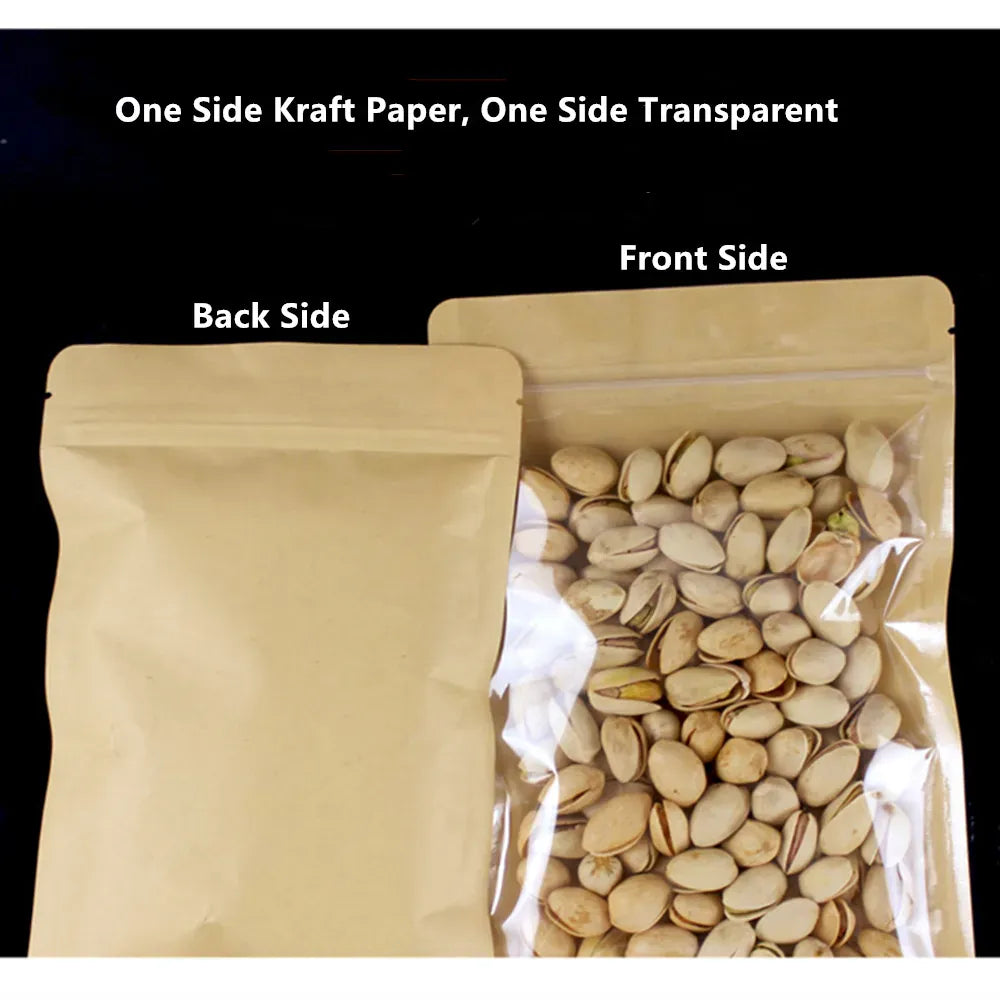 Sachets Kraft Transparent Fermeture Zip - Lot de 100 pièces