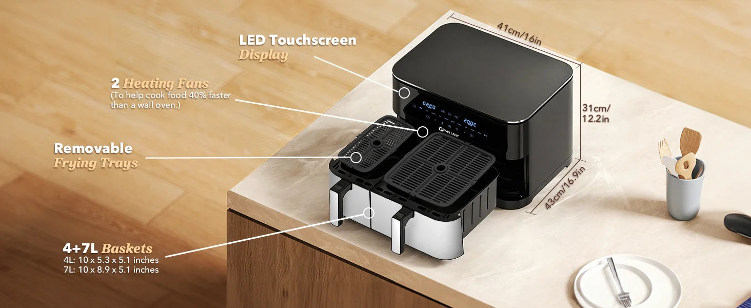 Dimensions de l'air fryer double panier 11 L avec ses grilles amovibles