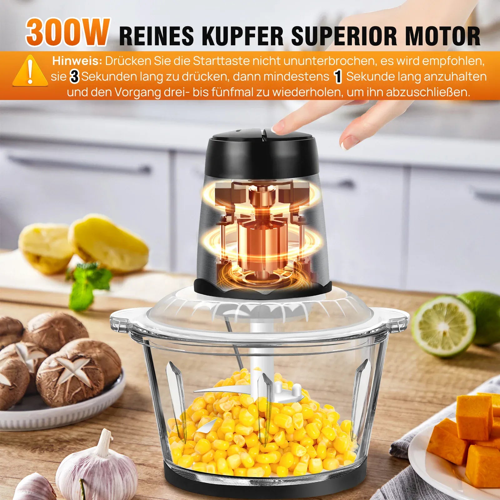 Hachoir Électrique Multifonction 300 W — Bol en Verre 2 L, 4 Lames Inox, 2 Vitesses hachoir electrique