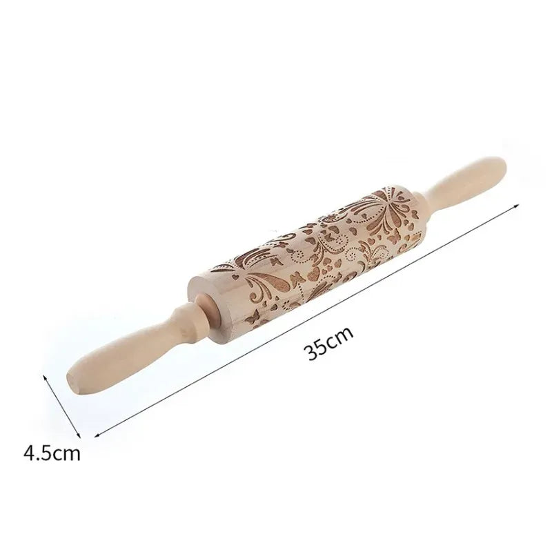 Rouleau à pâtisserie en bois rétro avec motifs gravés - Style européen rouleaupatisserie