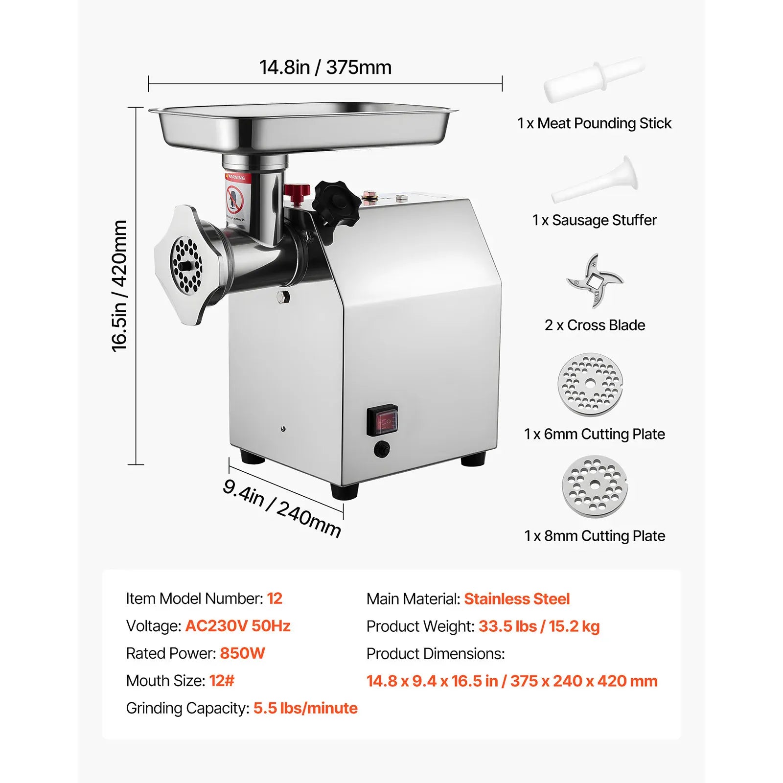 Hachoir à Viande Électrique Inox — 600W / 850W / 1100W avec Embout à Saucisses Hachoirs à Viande