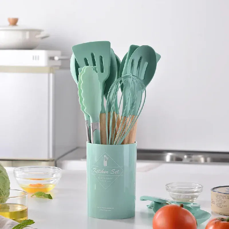 Set Ustensiles Silicone 12 Pieces avec Poignée en Bois - Cuisine spatule en silicone