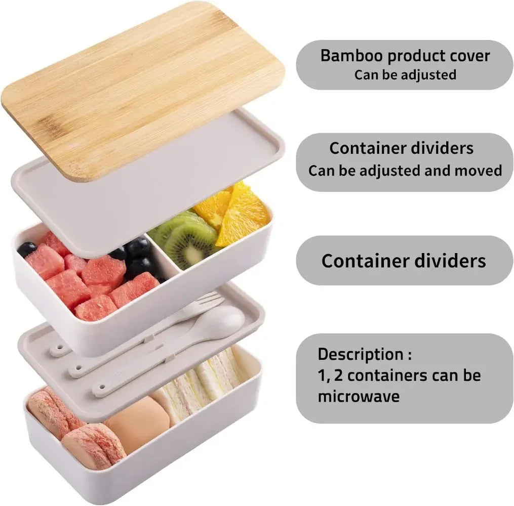 Bento 2 Étages en Bambou et Plastique | Boîte de Rangement Alimentaire Bento