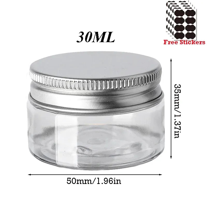 Lot de 50 Pots en Plastique PET Alimentaire 30–150 ml avec Couvercle Aluminium Vissé