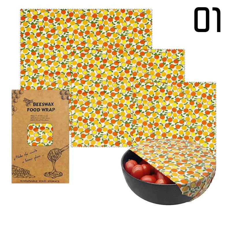 Film Alimentaire Réutilisable Cire d'Abeille Lot de 3 motifs fruités far