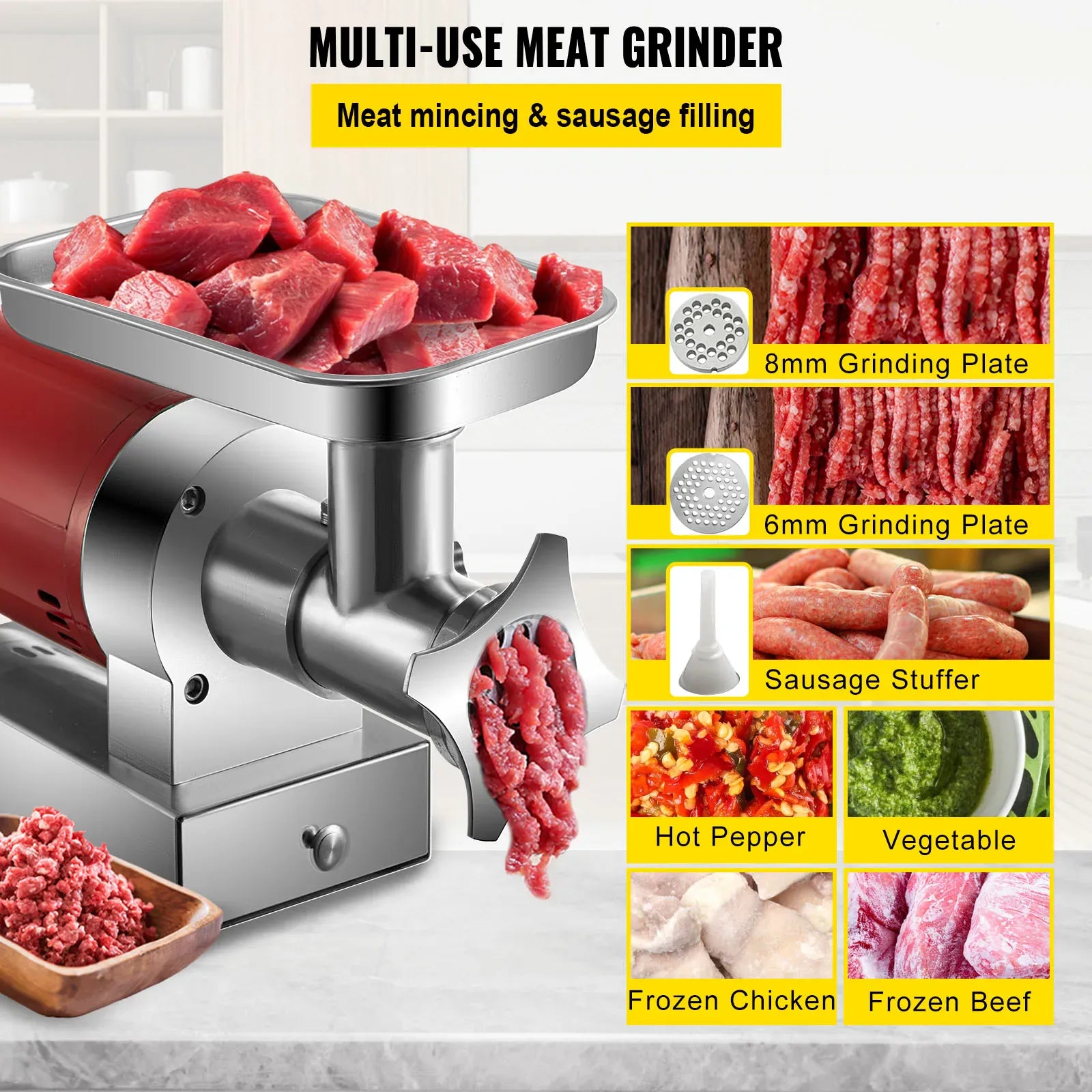 Hachoir à Viande Électrique 1 100 W — 300 kg/h, 2 Plaques + Kit Saucisse Hachoirs à Viande