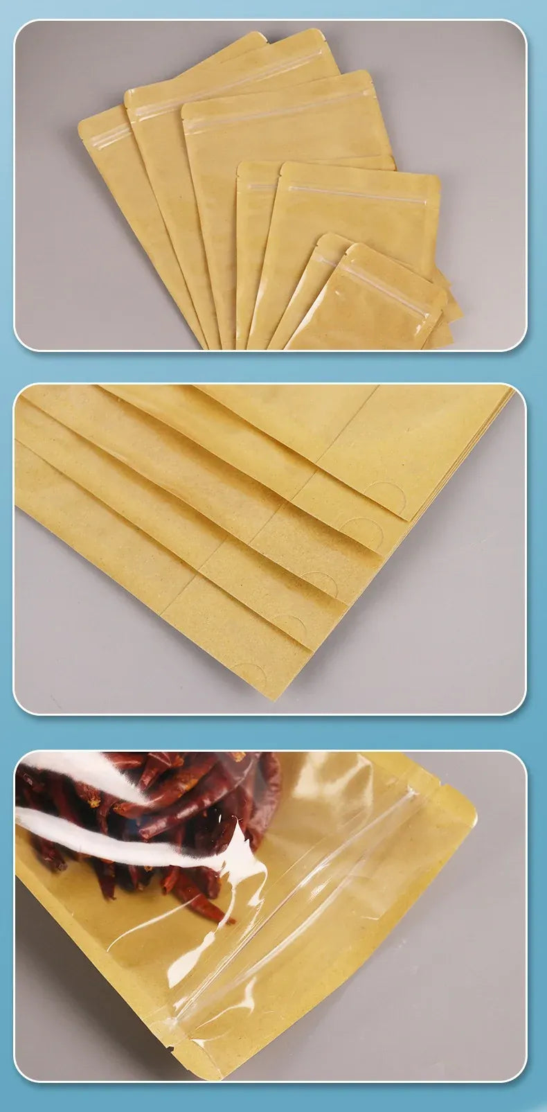 Sachets Kraft Ziplock Transparent - Lot de 100 Pièces Resealable
