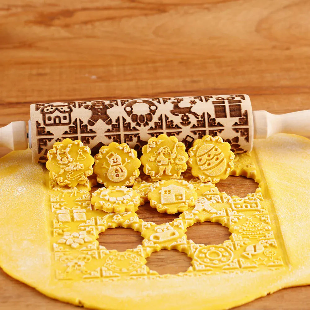 Rouleau à pâtisserie en bois avec motifs gravés de Noël - Outil de décoration pour biscuits rouleaupatisserie