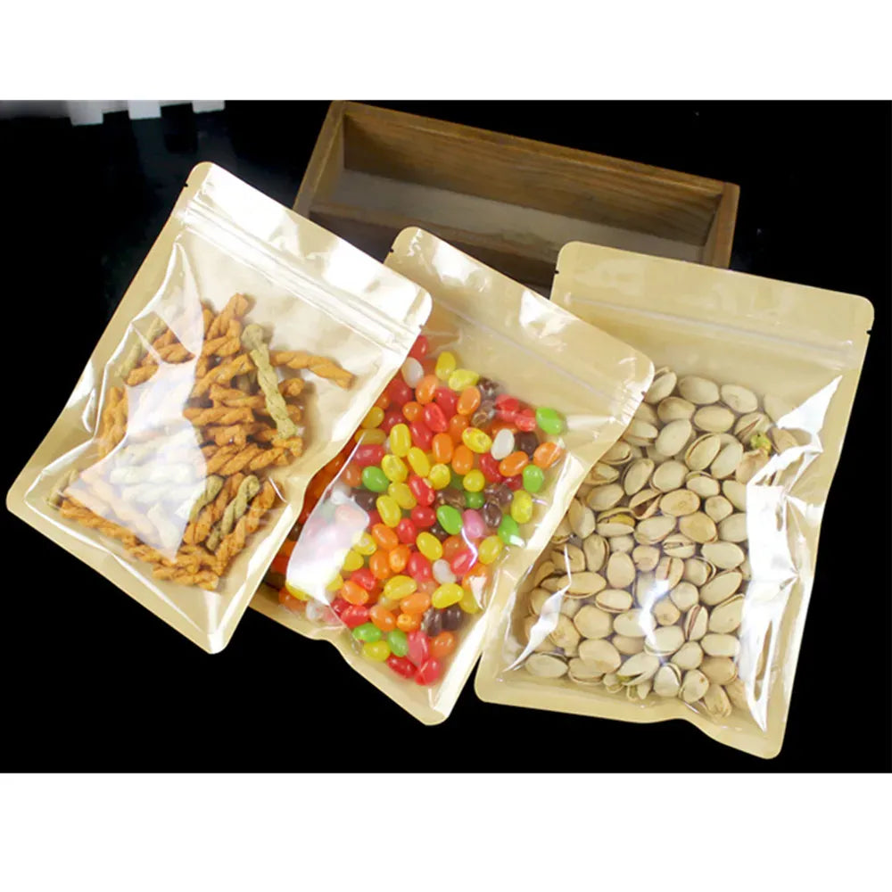 Sachets Kraft Transparent Fermeture Zip - Lot de 100 pièces