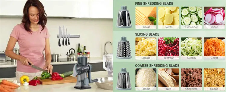 Râpe rotative 3 en 1 avec accessoires pour fromage et légumes Coupe Légumes