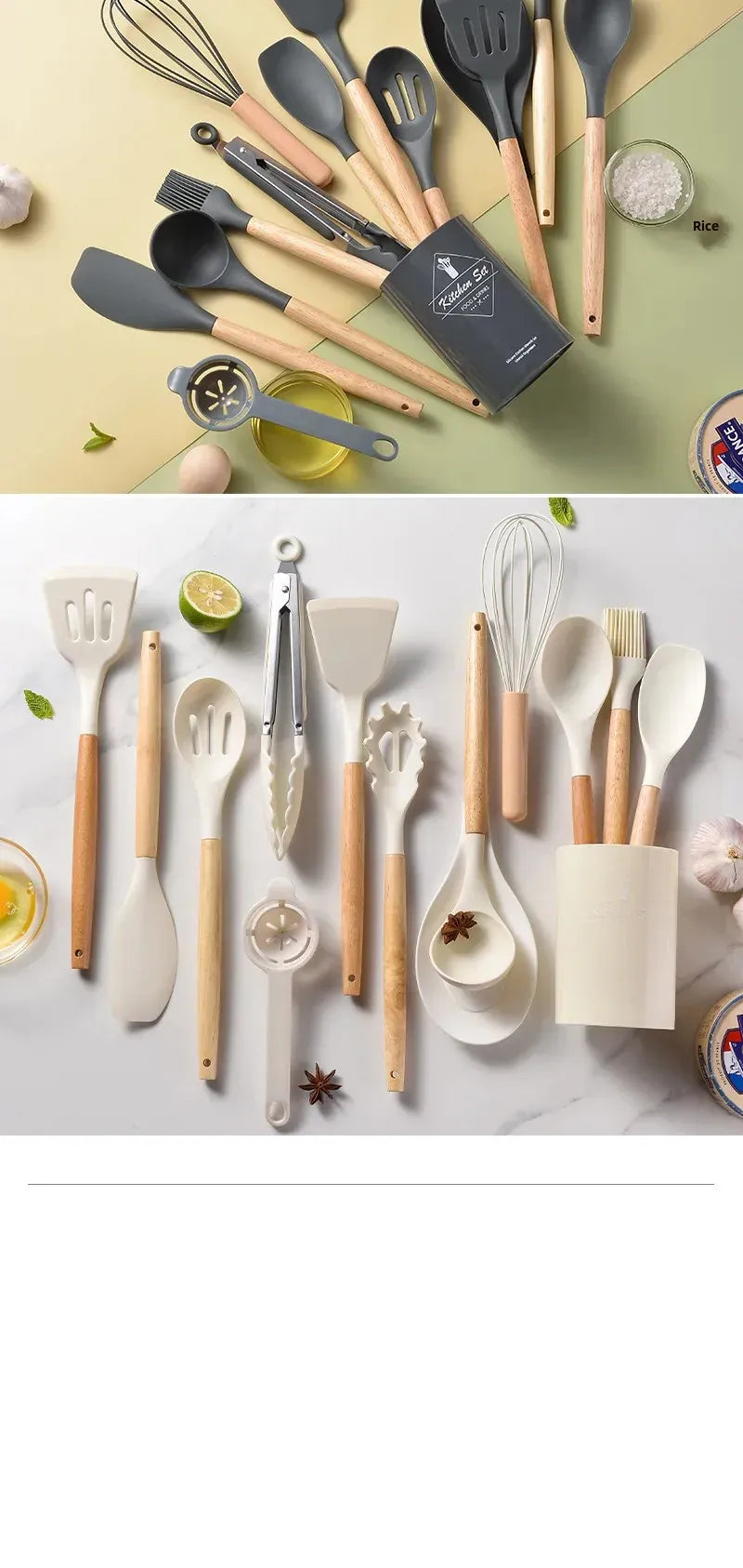 Set Ustensiles Silicone 12 Pieces avec Poignée en Bois - Cuisine spatule en silicone