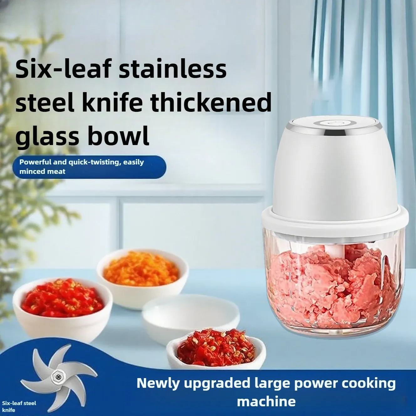 Mini Hachoir Électrique Sans Fil 350 ml — Bol en Verre, 6 Lames Inox, Batterie USB-C hachoir electrique
