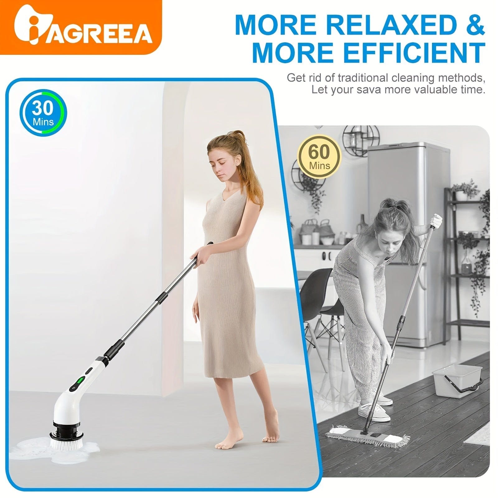 Brosse de Nettoyage Électrique Sans Fil — 8 Têtes, Manche 132 cm — Cuisine et Salle de bain