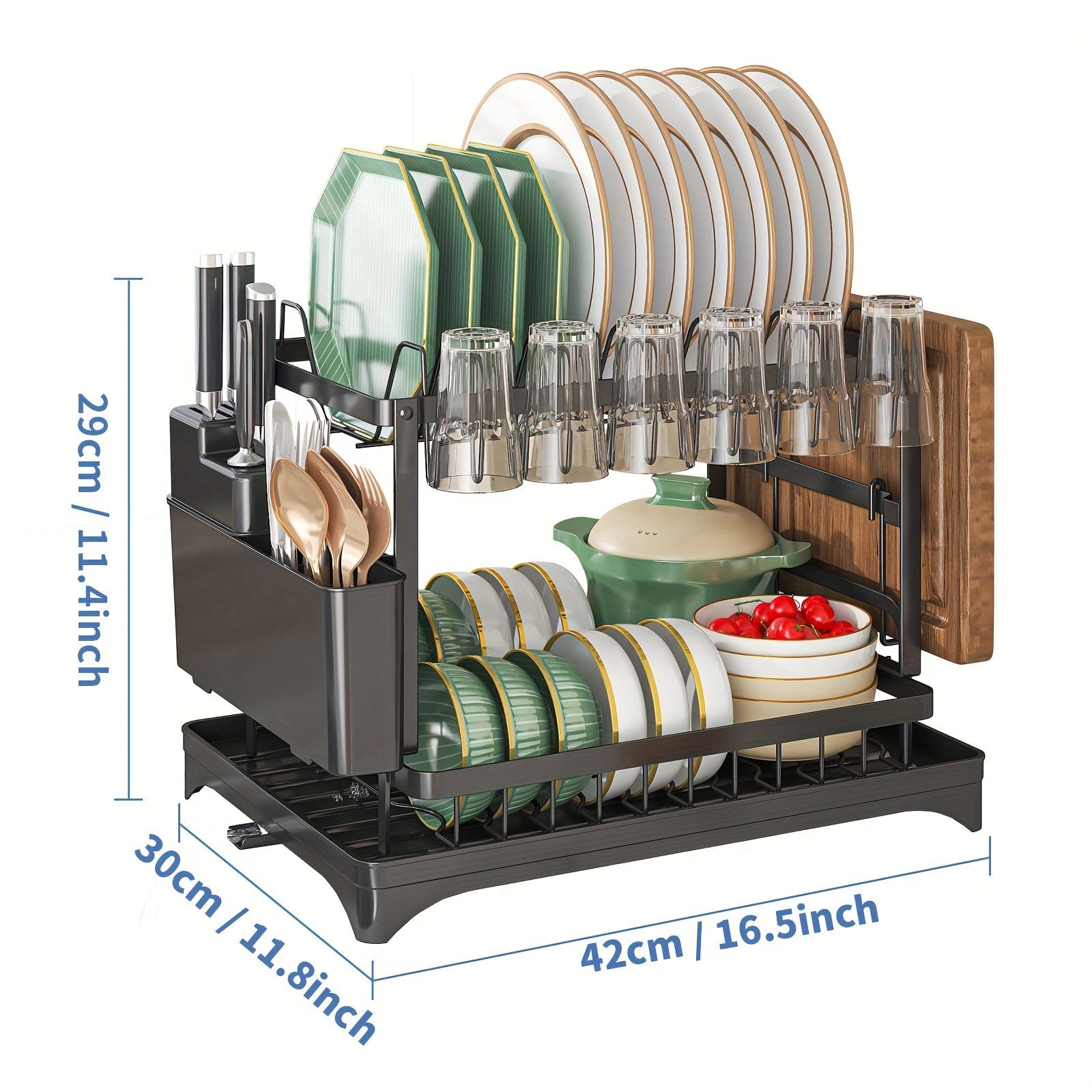 Égouttoir à vaisselle double étages avec range-couverts et égouttoir, Rangement vaisselle multifonction, Grande capacité, Pour plan de travail cuisine