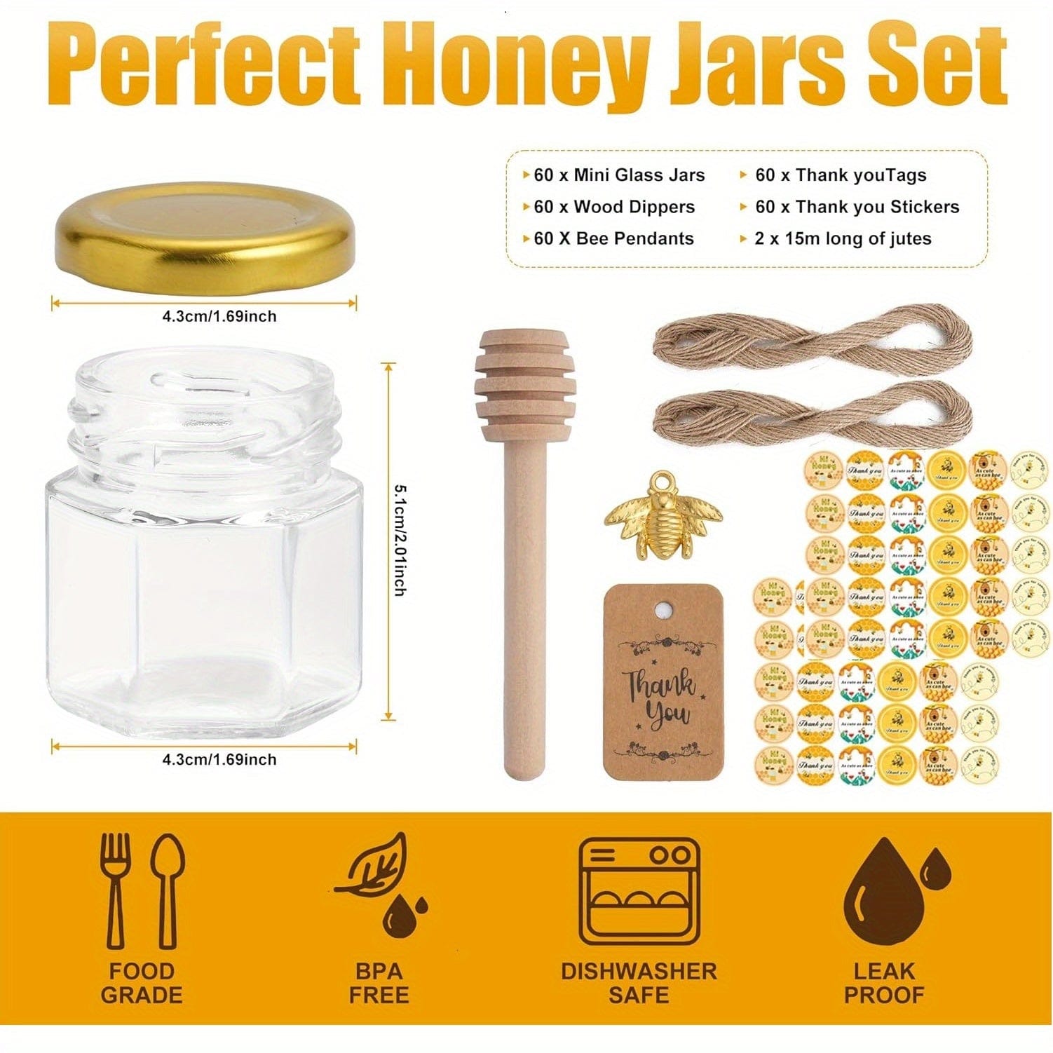 Ensemble de 60 pots en verre hexagonaux 1.5oz avec couvercles dorés - Baby Shower, Mariage, Favors & Gifts