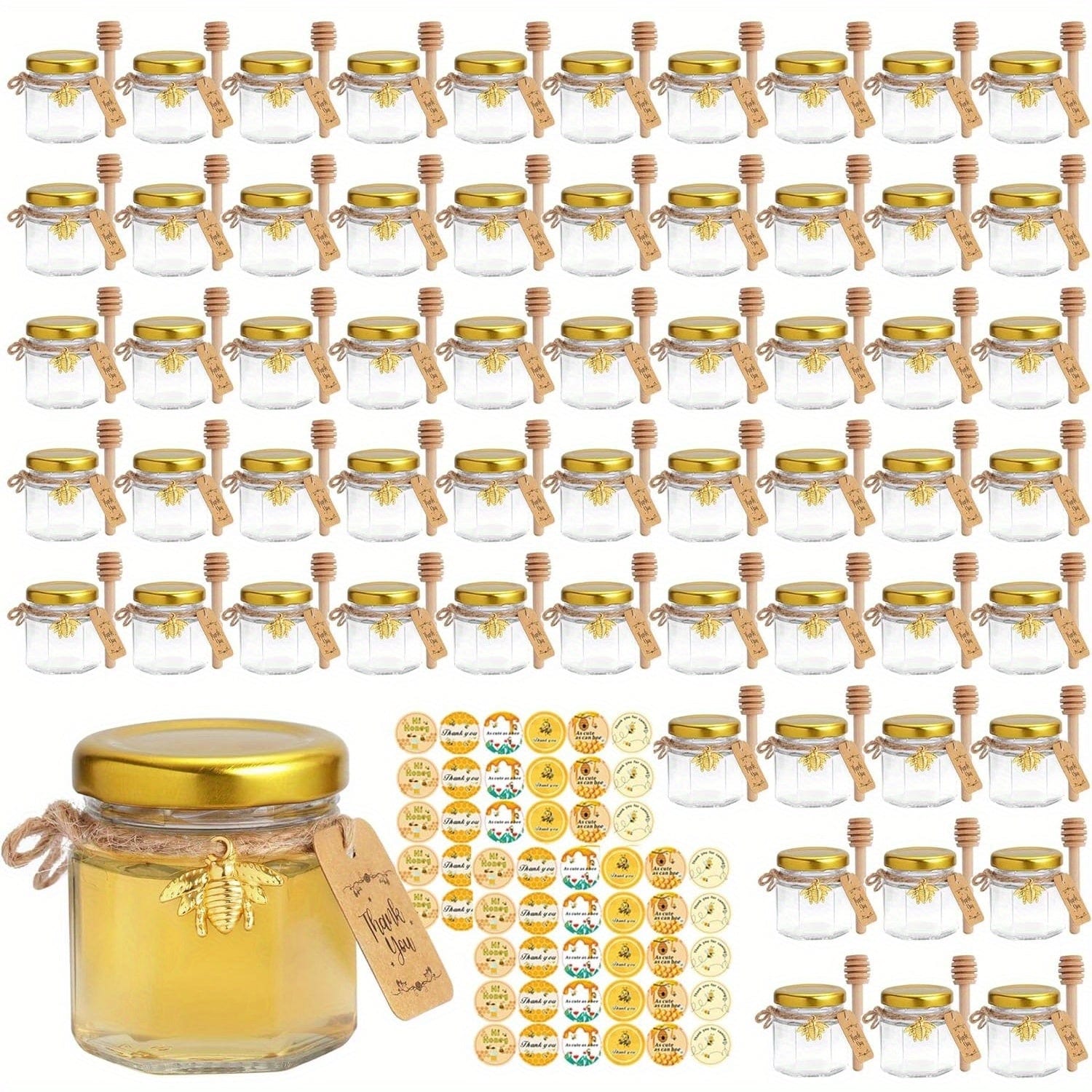 Ensemble de 60 pots en verre hexagonaux 1.5oz avec couvercles dorés - Baby Shower, Mariage, Favors & Gifts