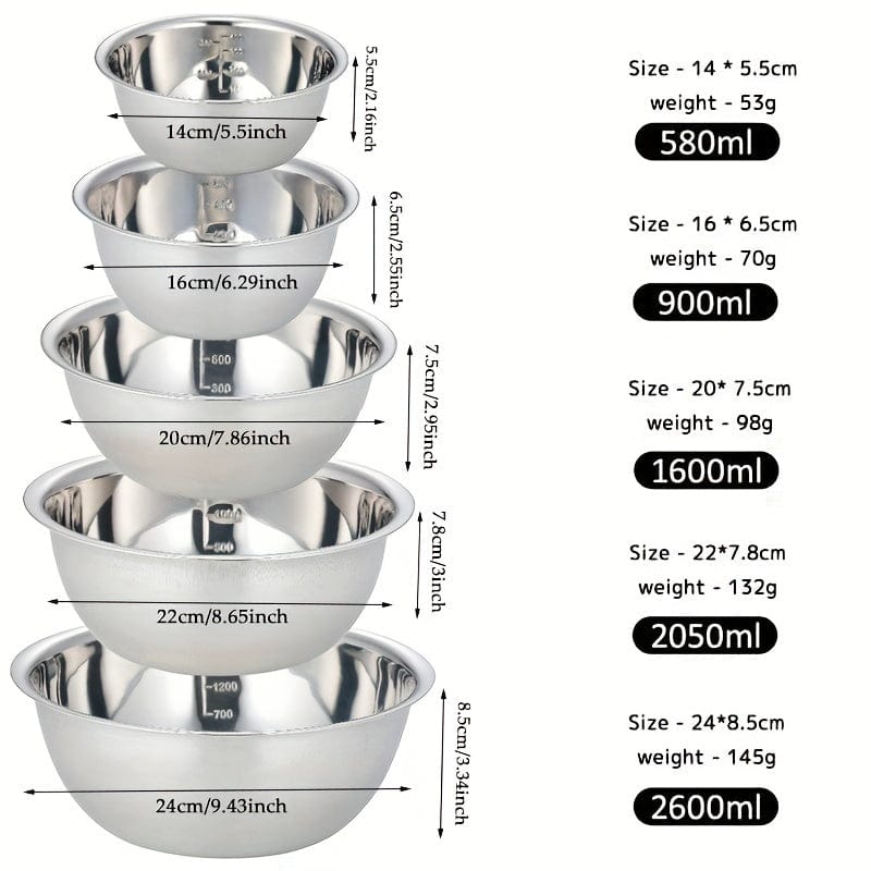 Ensemble de bols de mélange en acier inoxydable - Anti-dérapant - Parfait pour cuisine et pâtisserie