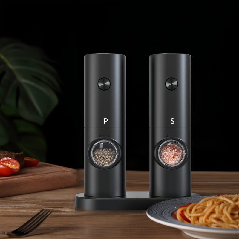 Moulin à Poivre et Sel Électrique avec Base de Rangement, Set de 2, LED, PANCERKA