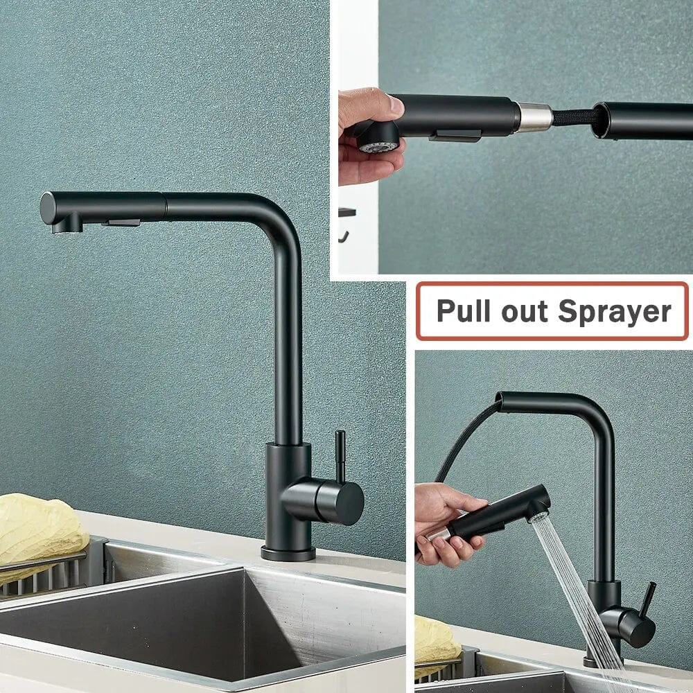 Robinet de Cuisine Noir avec Bec Rétractable et 2 Modes de Jet - Mélangeur d'Eau Chaud et Froid en Acier Inoxydable