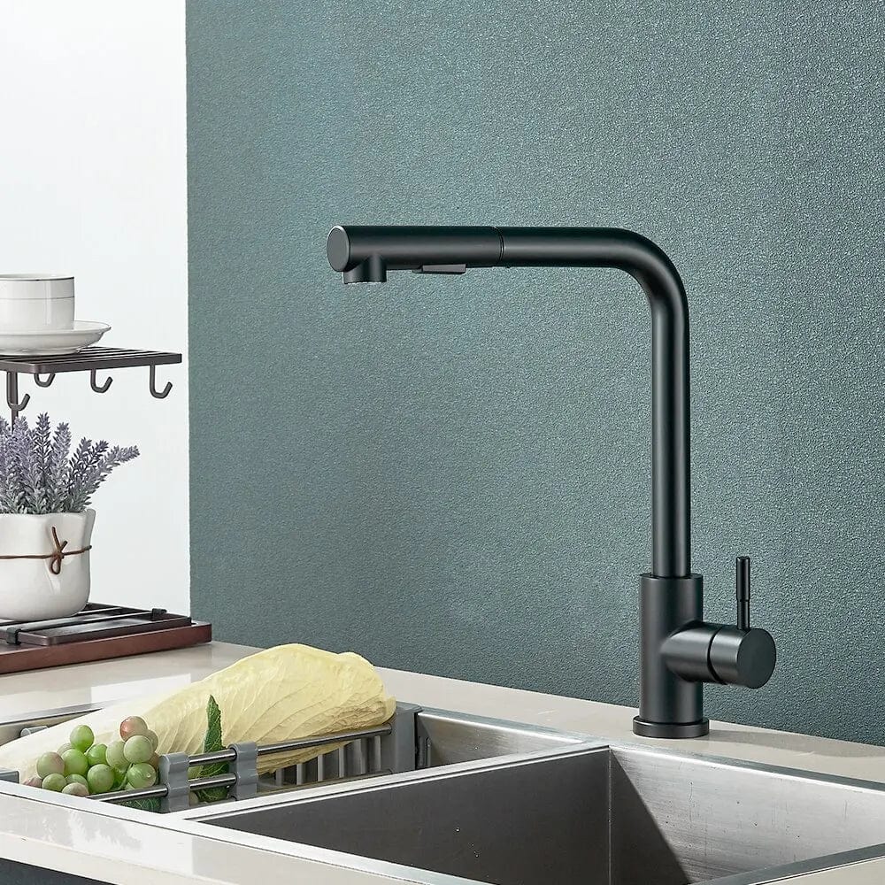 Robinet de Cuisine Noir avec Bec Rétractable et 2 Modes de Jet - Mélangeur d'Eau Chaud et Froid en Acier Inoxydable