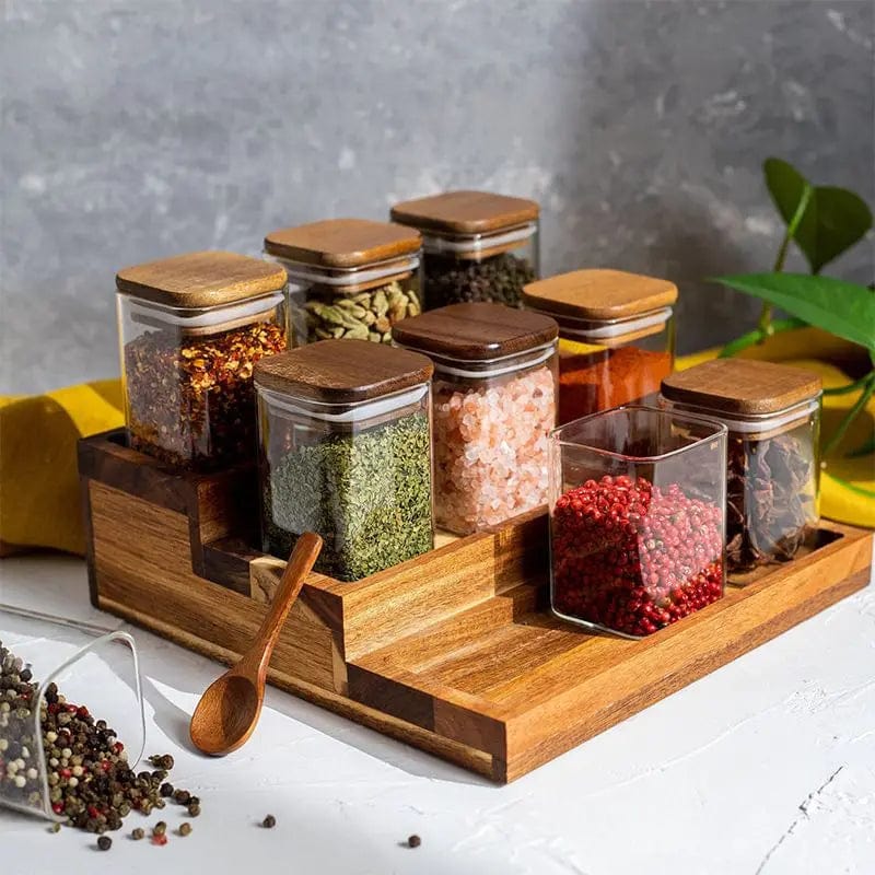 Lot de 4 Bocaux à Épices en Verre et Couvercle en Bois d'Acacia Boîtes Hermétiques