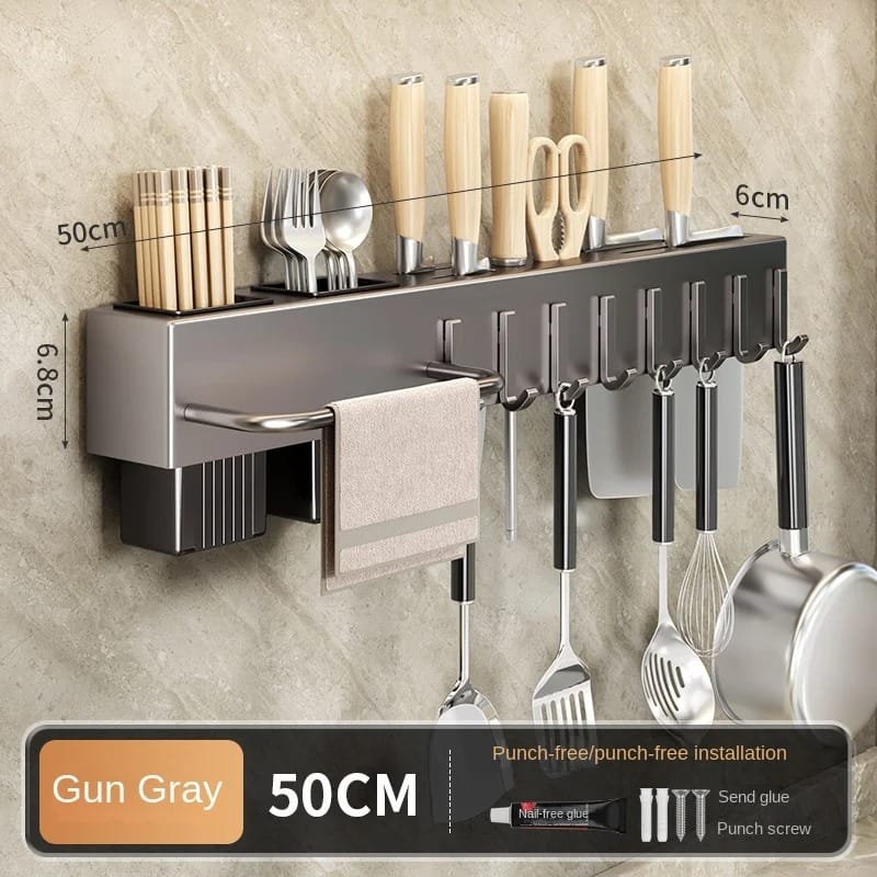 Range-Couteaux Mural Multifonction pour Ustensiles de Cuisine — Étagère sans Perçage