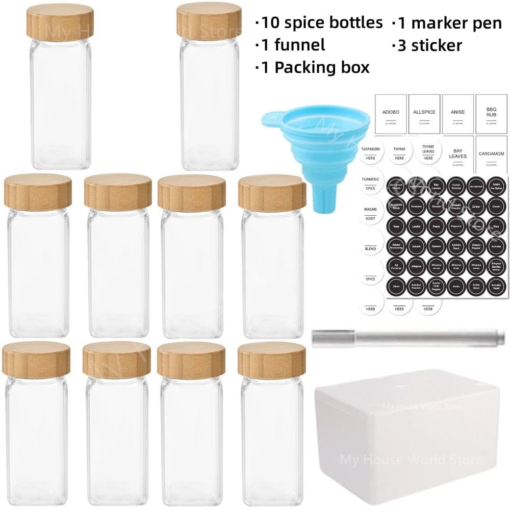 Pots à épices en verre avec couvercle bambou + étiquettes – Set cuisine Boîtes Hermétiques