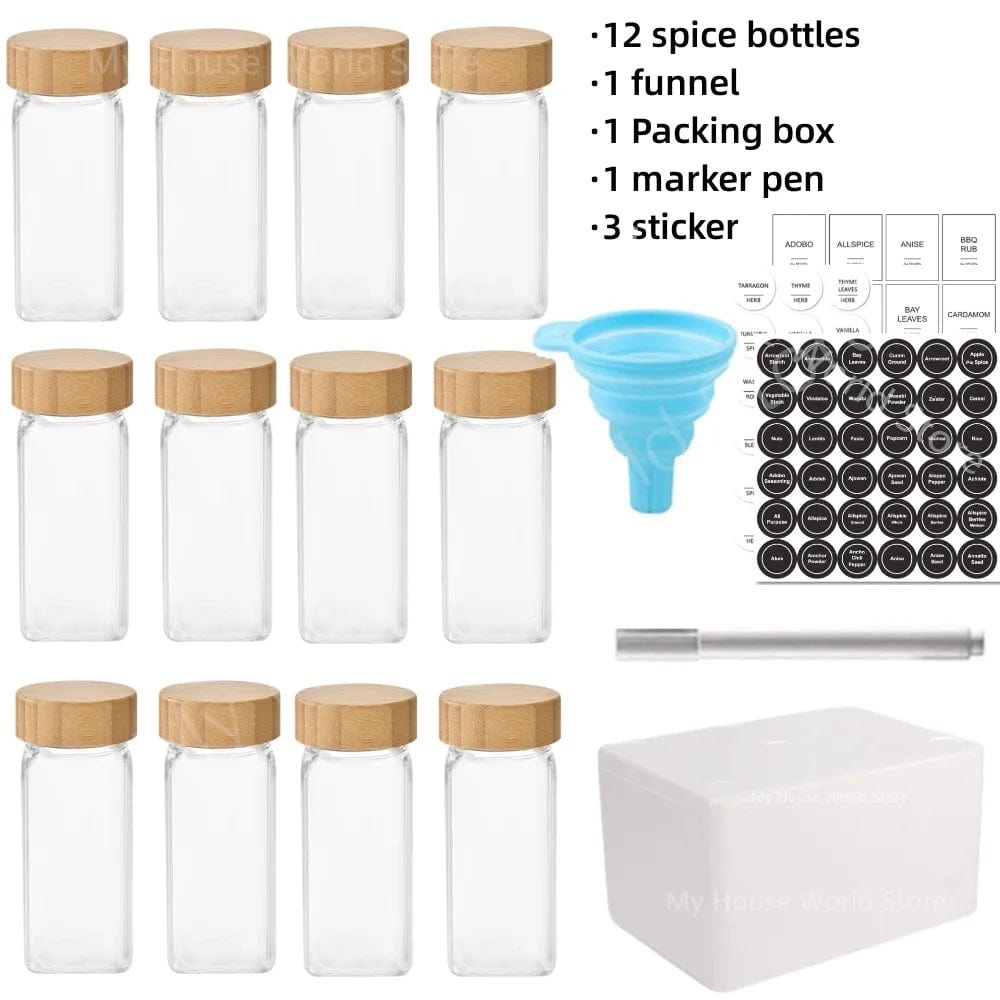 Pots à épices en verre avec couvercle bambou + étiquettes – Set cuisine Boîtes Hermétiques