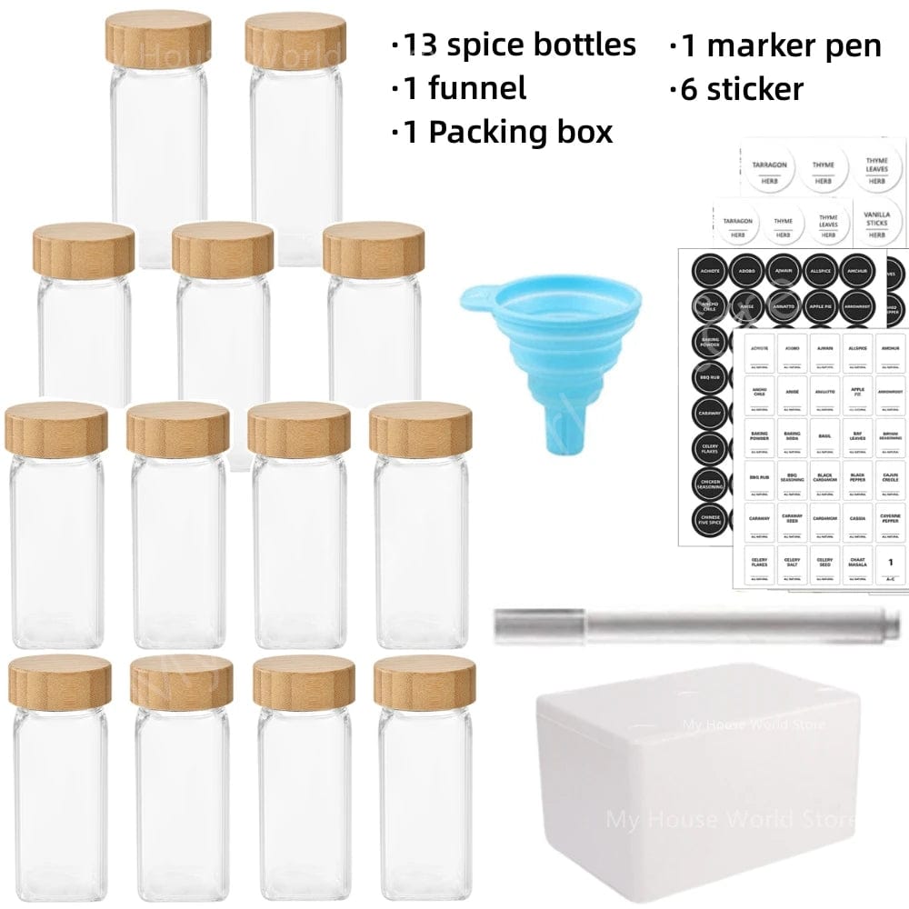 Pots à épices en verre avec couvercle bambou + étiquettes – Set cuisine Boîtes Hermétiques