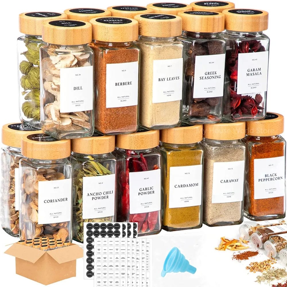Pots à épices en verre avec couvercle bambou + étiquettes – Set cuisine Boîtes Hermétiques