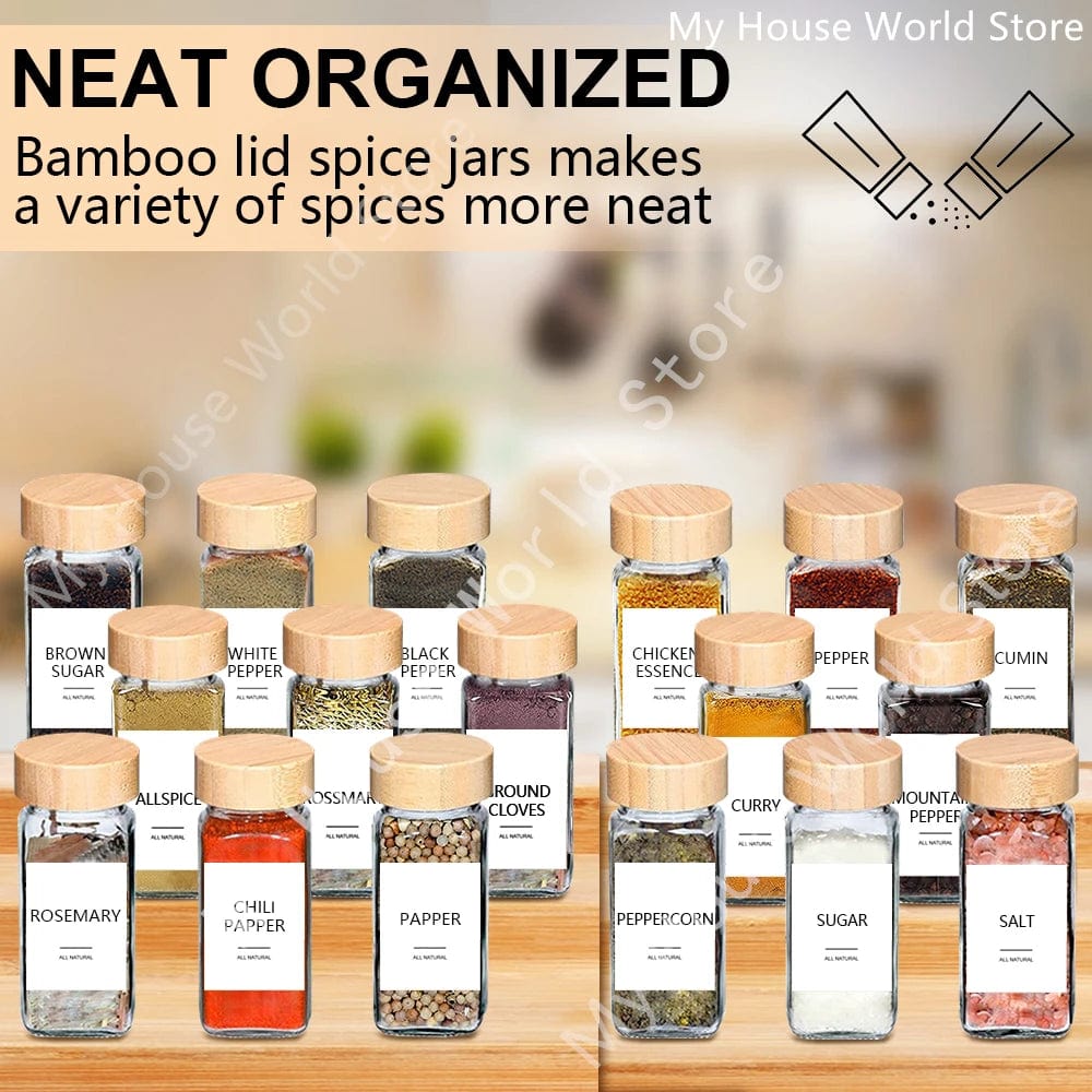 Pots à épices en verre avec couvercle bambou + étiquettes – Set cuisine Boîtes Hermétiques