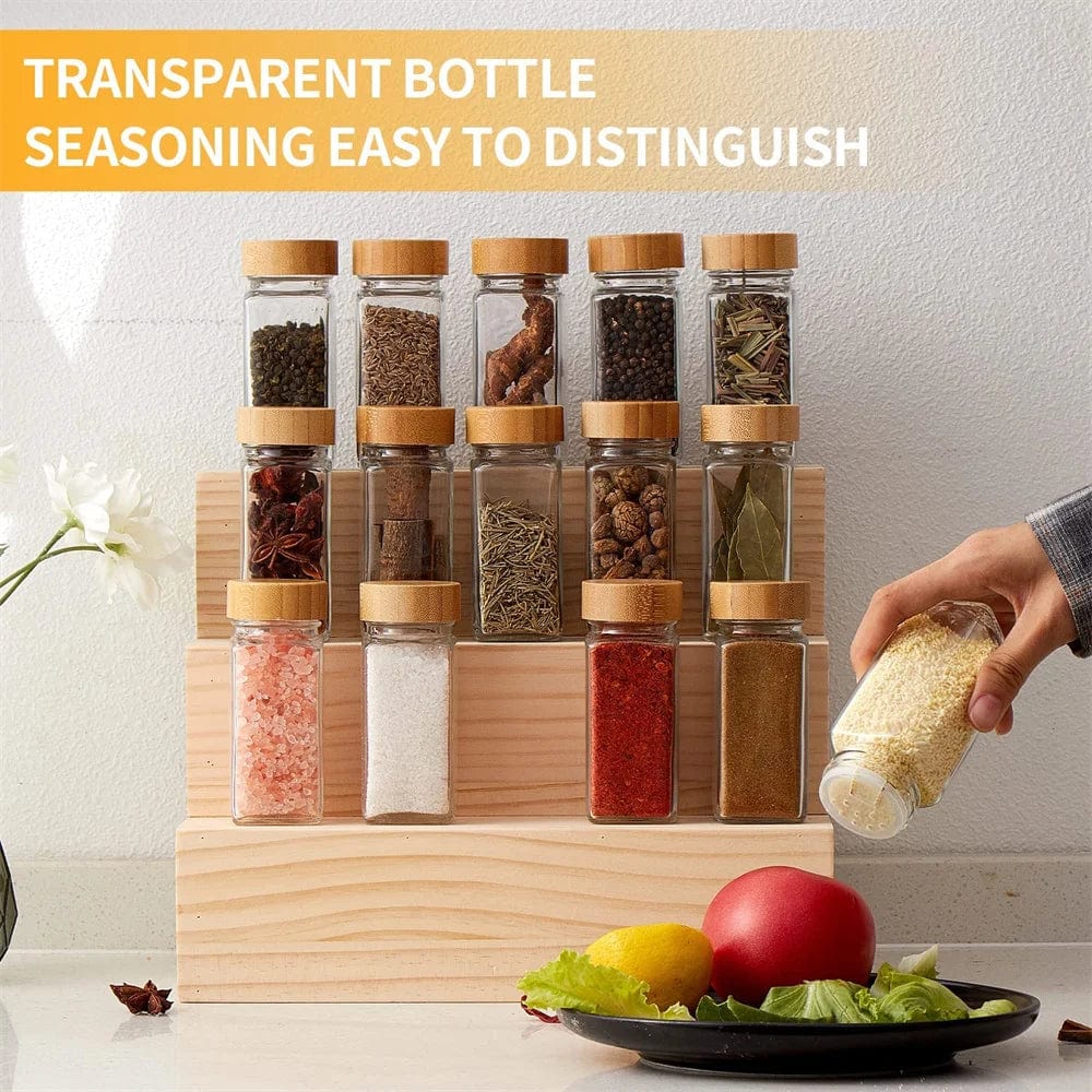 Pots à épices en verre avec couvercle bambou + étiquettes – Set cuisine Boîtes Hermétiques