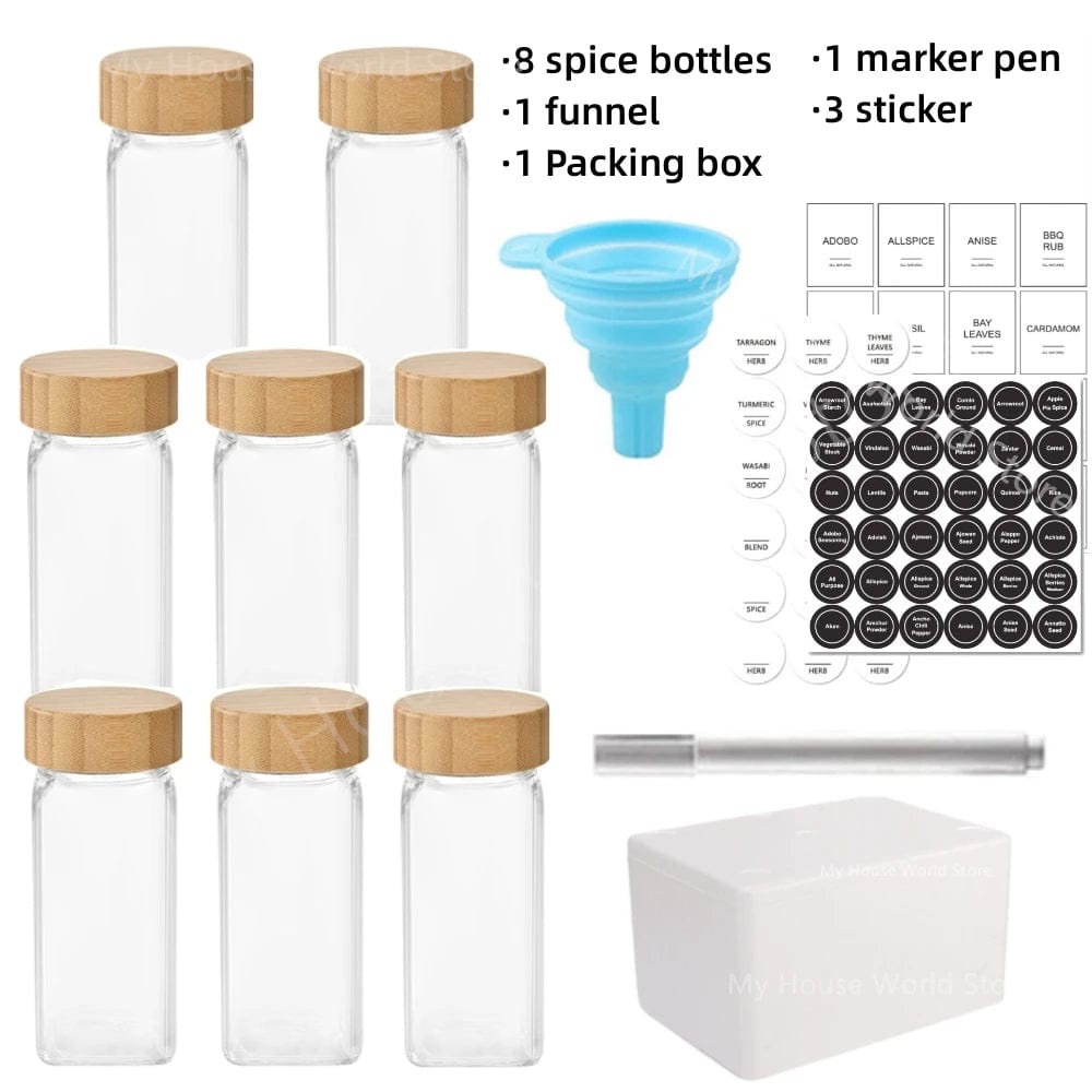 Pots à épices en verre avec couvercle bambou + étiquettes – Set cuisine Boîtes Hermétiques