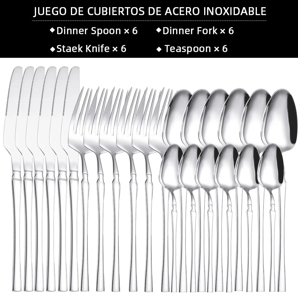 Ménagère 24 Pièces en Acier Inoxydable Poli Miroir – Couverts pour 6 Personnes