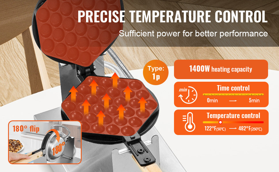Gaufrier Bubble Waffle Électrique 1400 W en Inox – Plaque Rotative 180° et Minuterie