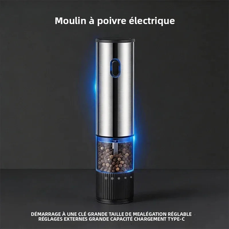 Set de 2 Moulins à Sel et Poivre Électriques Rechargeables USB-C avec Socle, Inox