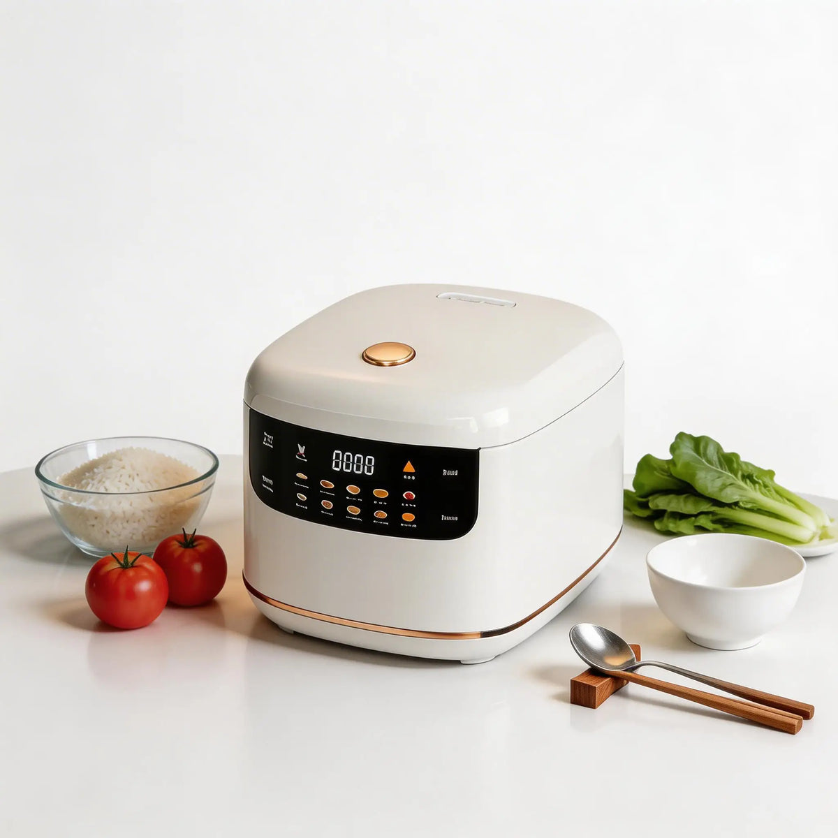 Cuiseur à riz numérique blanc 2 L avec riz et légumes