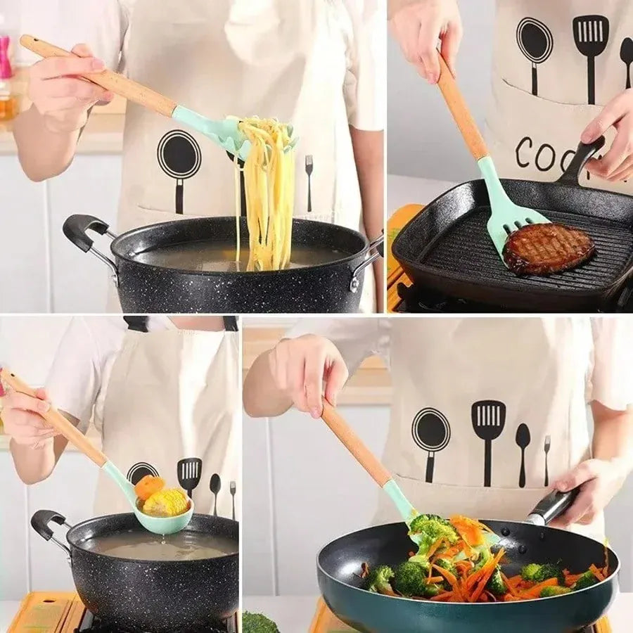 Set Ustensiles Silicone 12 Pièces | Résistant à la Chaleur avec Support spatule en silicone