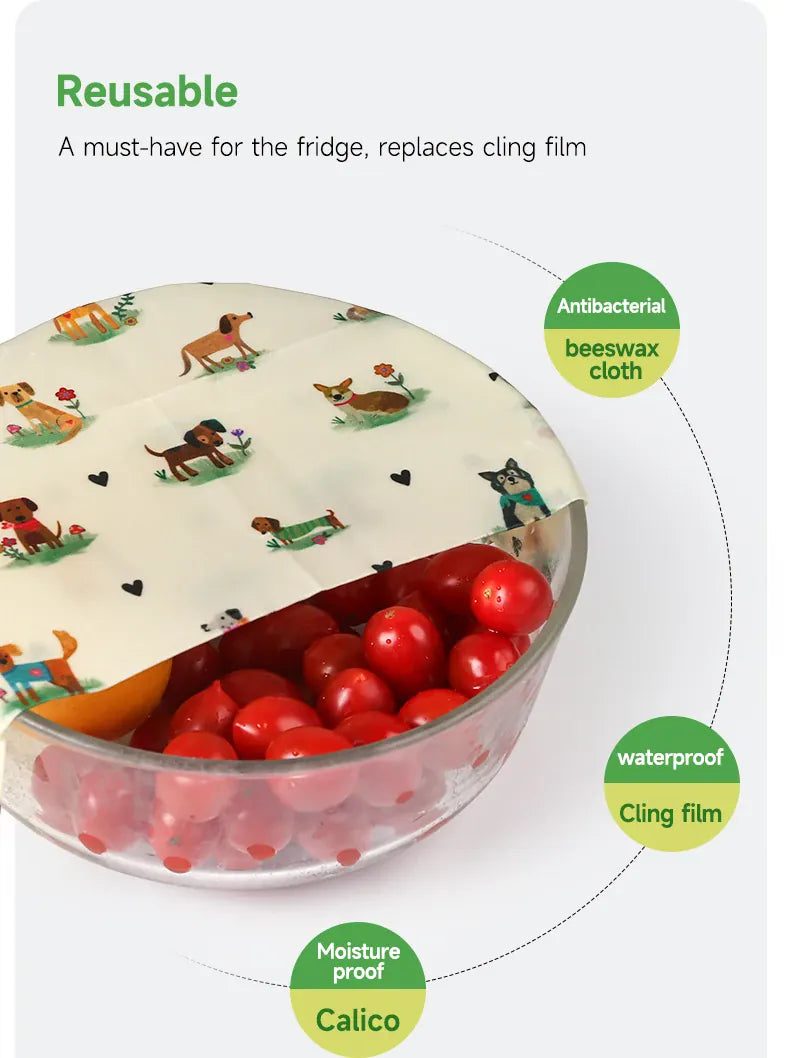 Film Alimentaire Cire d'Abeille Lot de 6 Réutilisables Décorés far