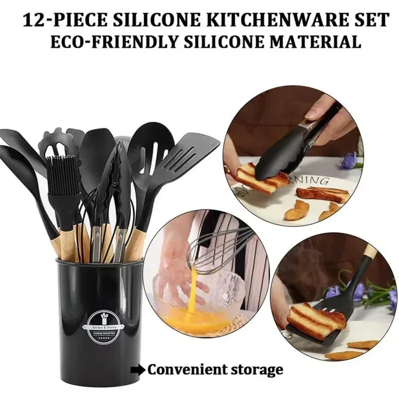 Set Ustensiles Silicone 12 Pièces | Résistant à la Chaleur avec Support spatule en silicone