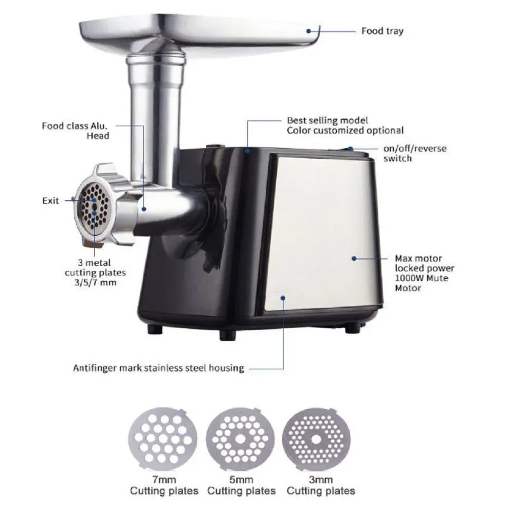 Hachoir Électrique Multifonction 1000 W — 3 Grilles, Farcisseur à Saucisses, 13 Accessoires Hachoirs à Viande